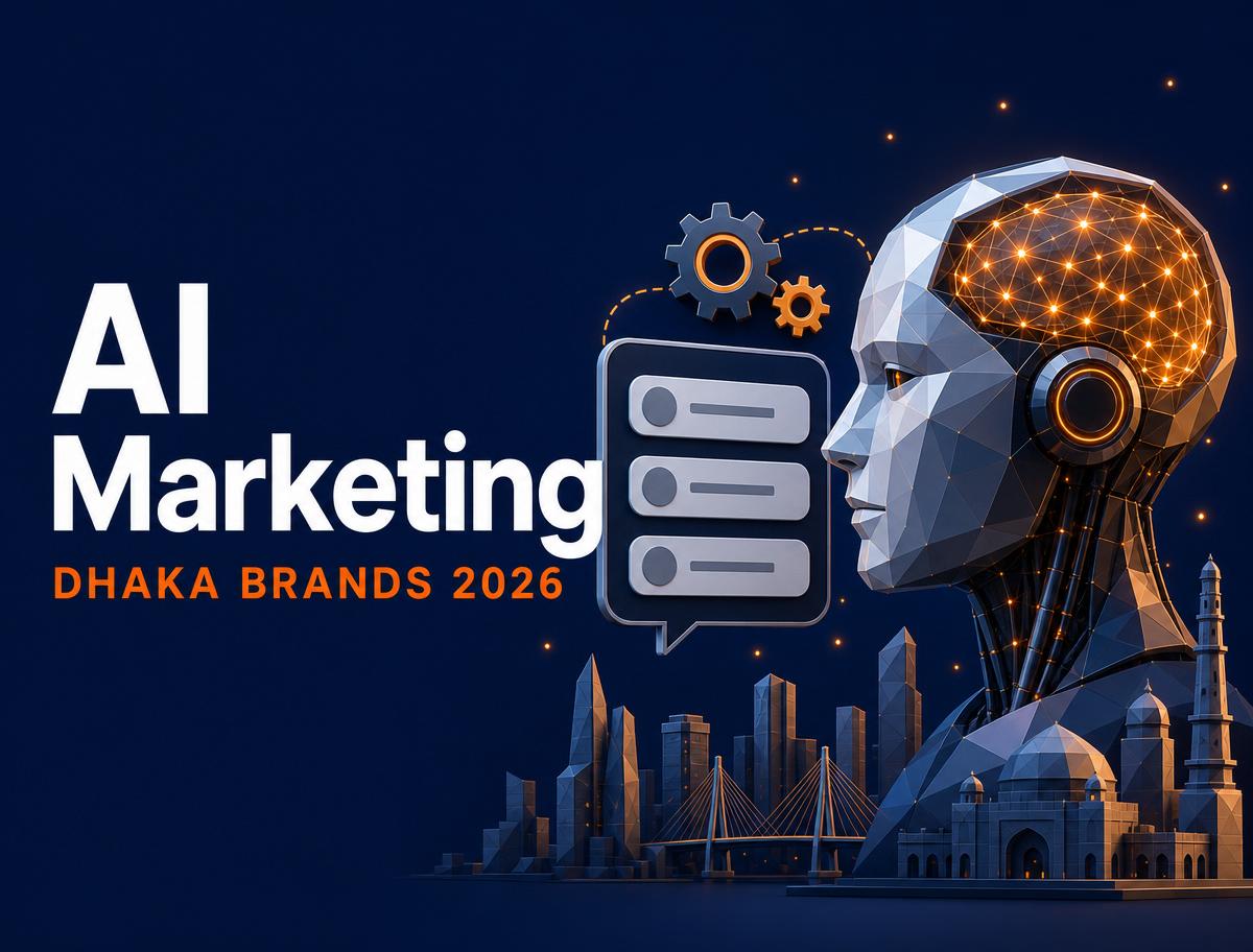 Caricature of an AI marketing strategist assisting a Dhaka brand with generative tools