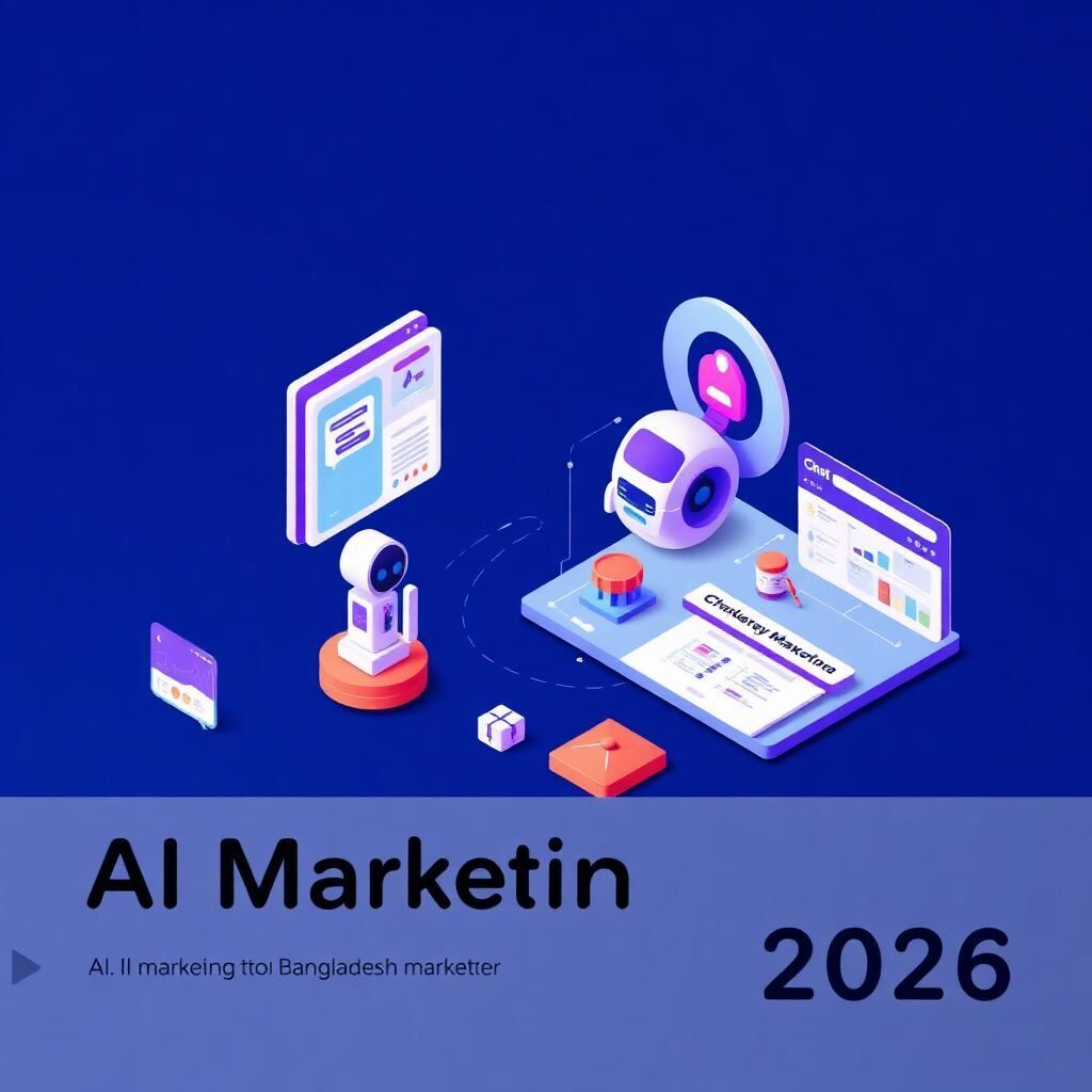 Isometric illustration of AI tools for Bangladesh marketers – ChatGPT interface, Midjourney canvas, robot assistant, marketing dashboard