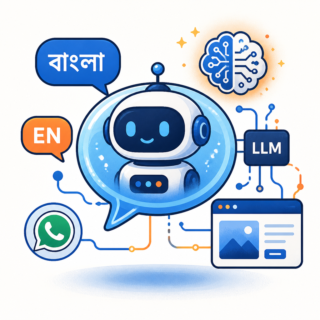 Custom LLM Chatbot Development in Dhaka — Digital Marketing Dhaka caricature illustration