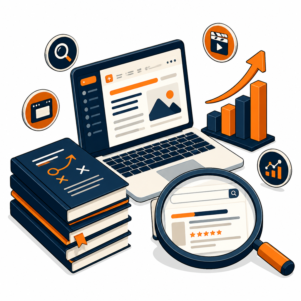 Isometric caricature — SEO playbooks, blog editor, Google search result and analytics chart