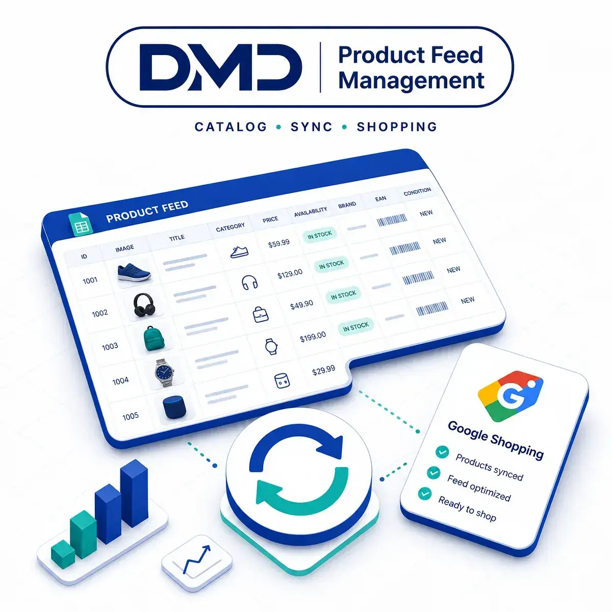 Product Feed Management for Dhaka Ecommerce – Google Merchant + Meta Catalog – Digital Marketing Dhaka caricature illustration