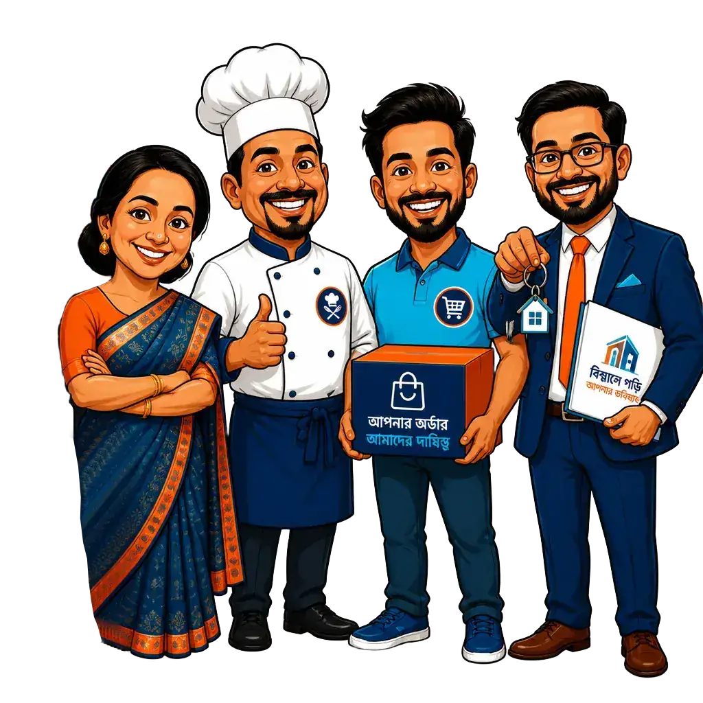 Diverse Bangladeshi business owners – retailer, chef, ecommerce seller, real-estate agent