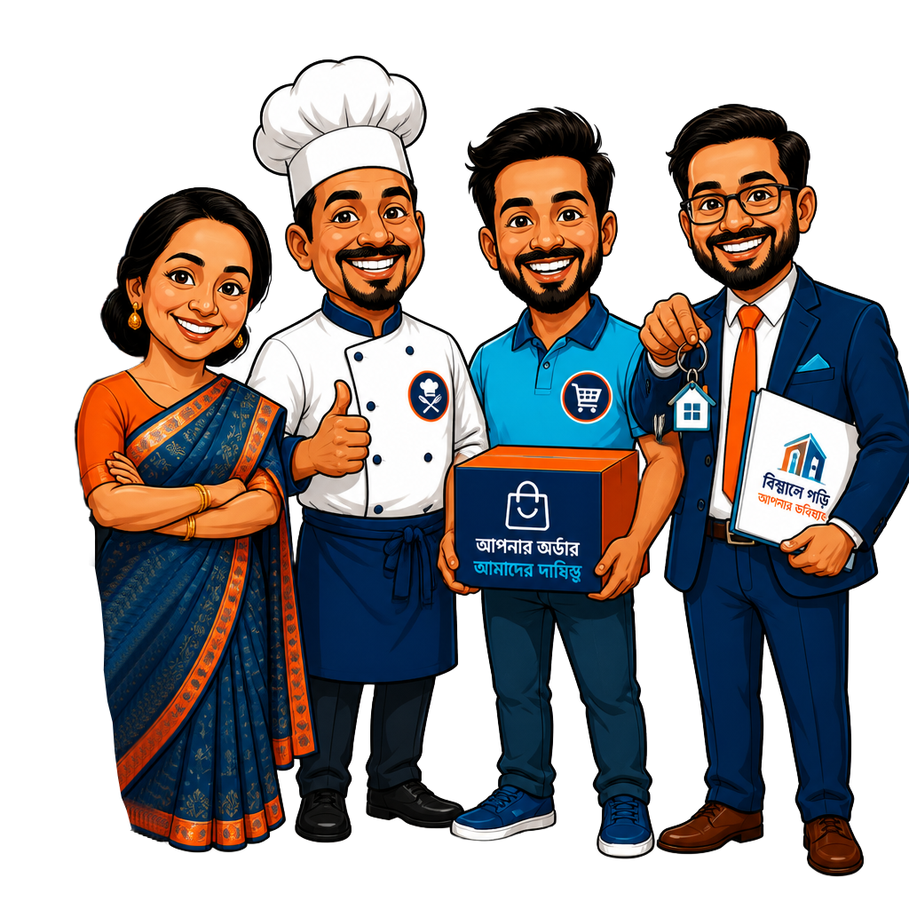 Diverse Bangladeshi business owners — retailer, chef, ecommerce seller, real-estate agent