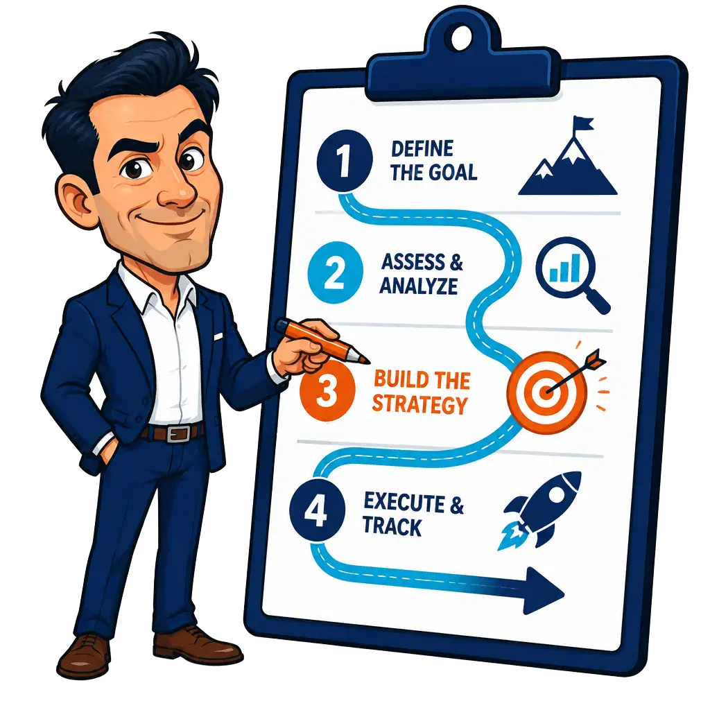 Strategist pointing at a 4-step growth roadmap