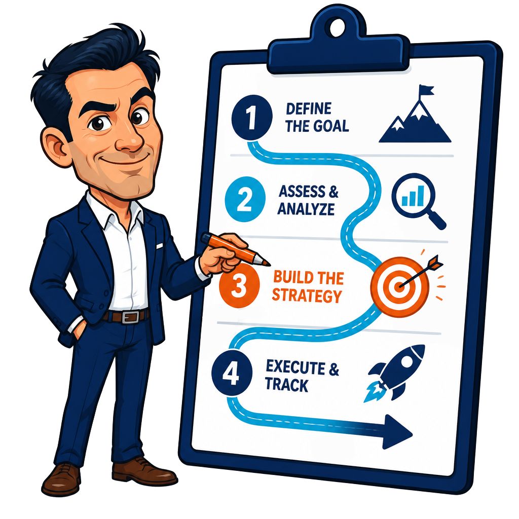 Strategist pointing at a 4-step growth roadmap