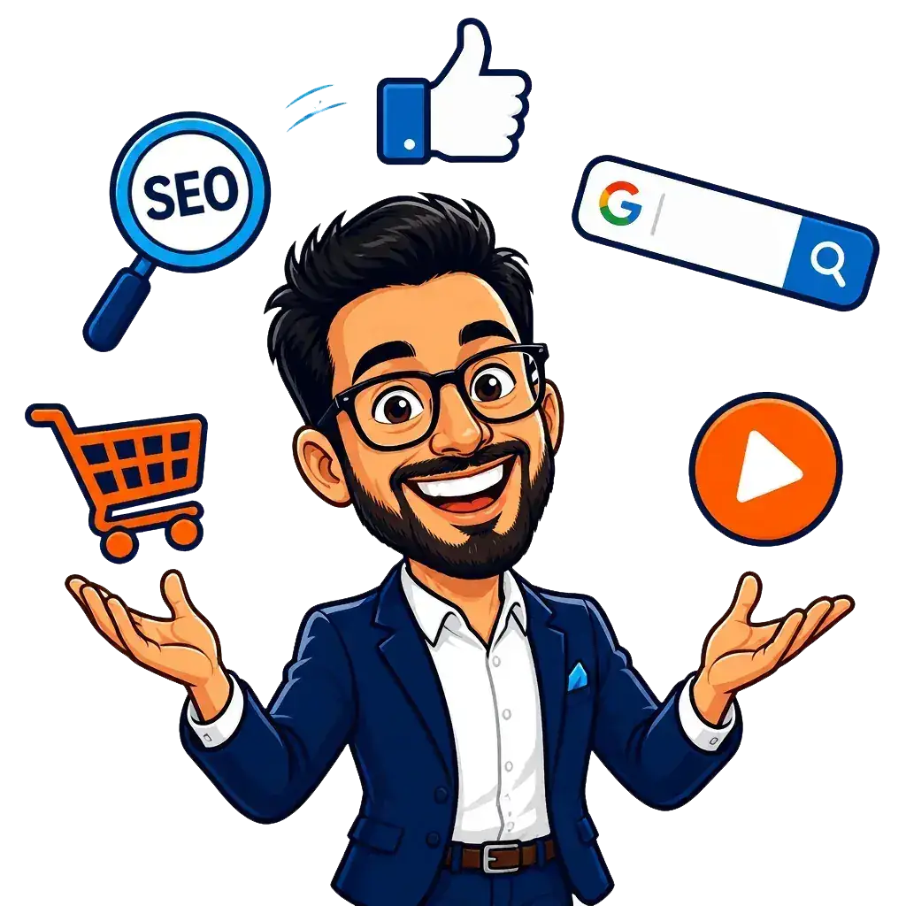 Marketing expert juggling SEO, social, ads and eCommerce icons