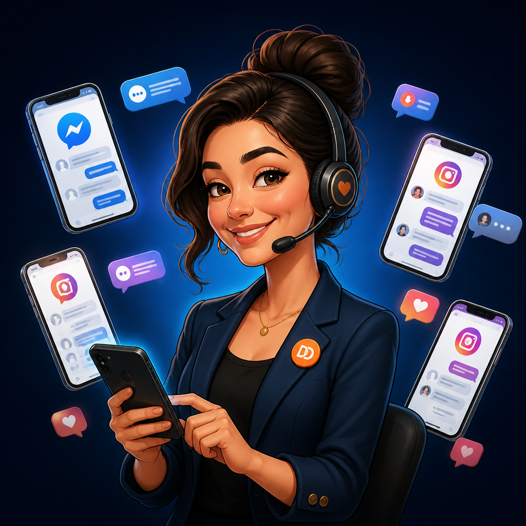 Social Community & DM Management for Dhaka Brands — Digital Marketing Dhaka caricature illustration