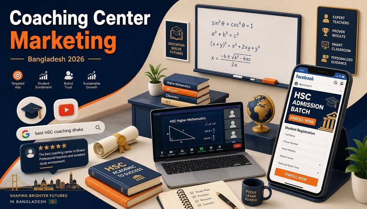 Isometric illustration of a Bangladesh coaching center's digital marketing – whiteboard with math formulas, online class laptop, Facebook admission ad, and student registration form