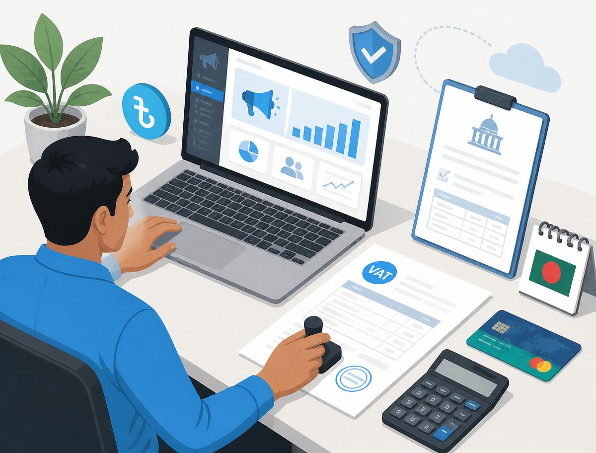 Isometric illustration of a Bangladeshi business owner handling digital advertising VAT invoice, tax form, calculator and dual-currency card