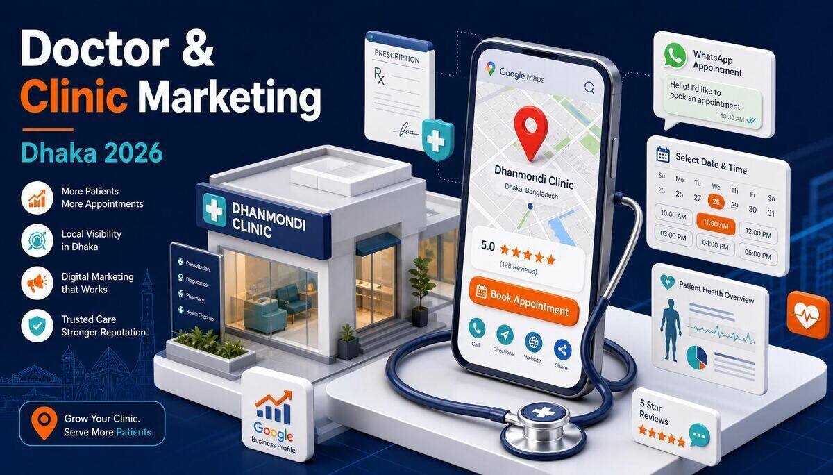 Isometric illustration of a Dhaka clinic's digital marketing setup – Google Maps pin, Book Appointment button, WhatsApp chat, calendar time slots, and prescription pad