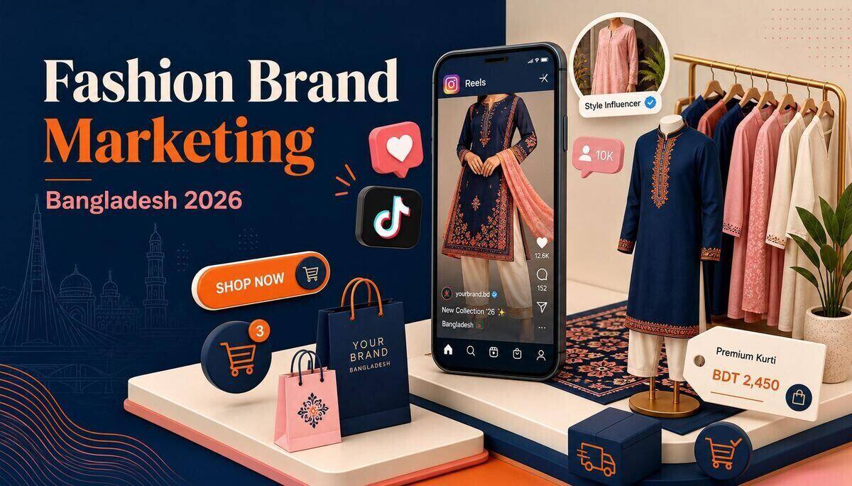 Isometric illustration of Bangladesh fashion brand marketing – kurti mannequin, Instagram Reel with product tag, shopping bags, and price tag