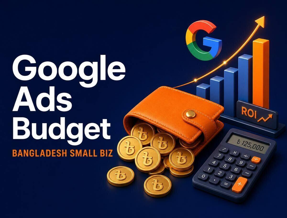 Caricature illustration of a Google Ads media buyer optimizing a Dhaka campaign