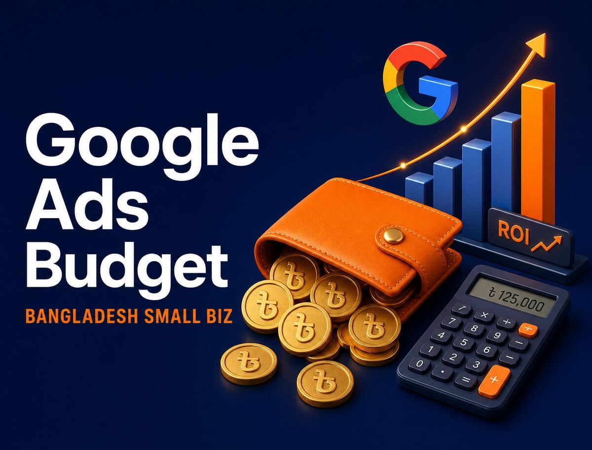 Caricature illustration of a Google Ads media buyer optimizing a Dhaka campaign