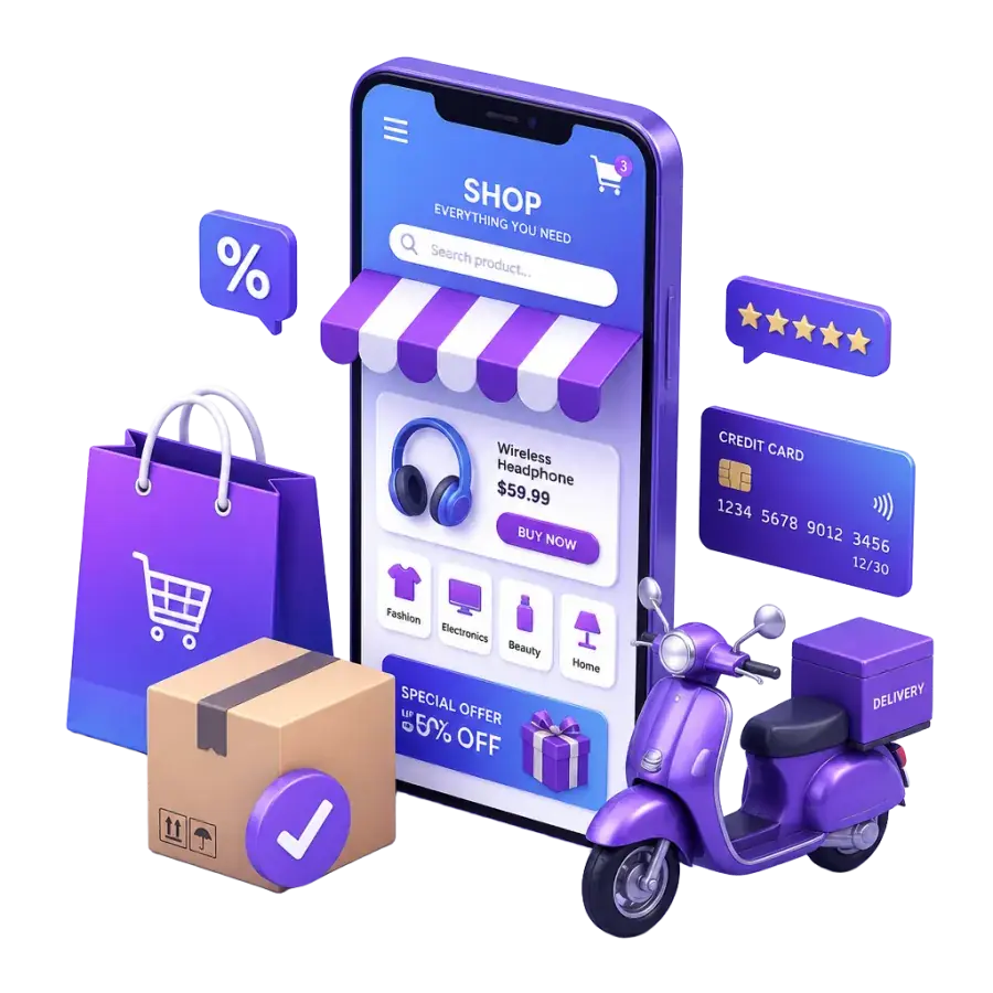 E-commerce marketing in Dhaka – laptop store, COD parcels and delivery rider
