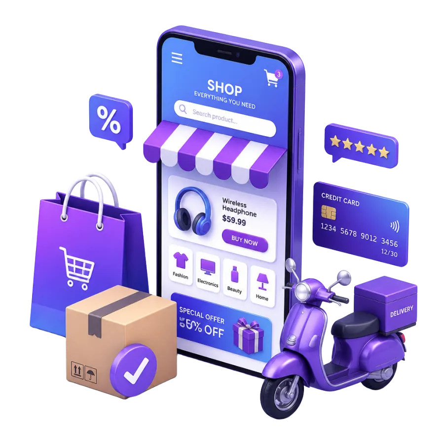 E-commerce marketing in Dhaka — laptop store, COD parcels and delivery rider