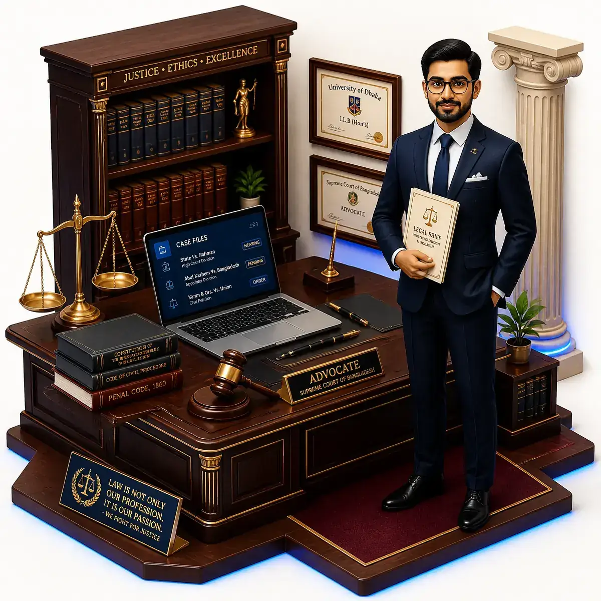 Digital marketing for law firms in Dhaka – scales of justice, gavel and laptop dashboard
