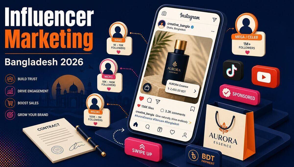 Isometric illustration of influencer marketing in Bangladesh – Instagram post with product tag, nano/micro/macro influencer tiers, and contract