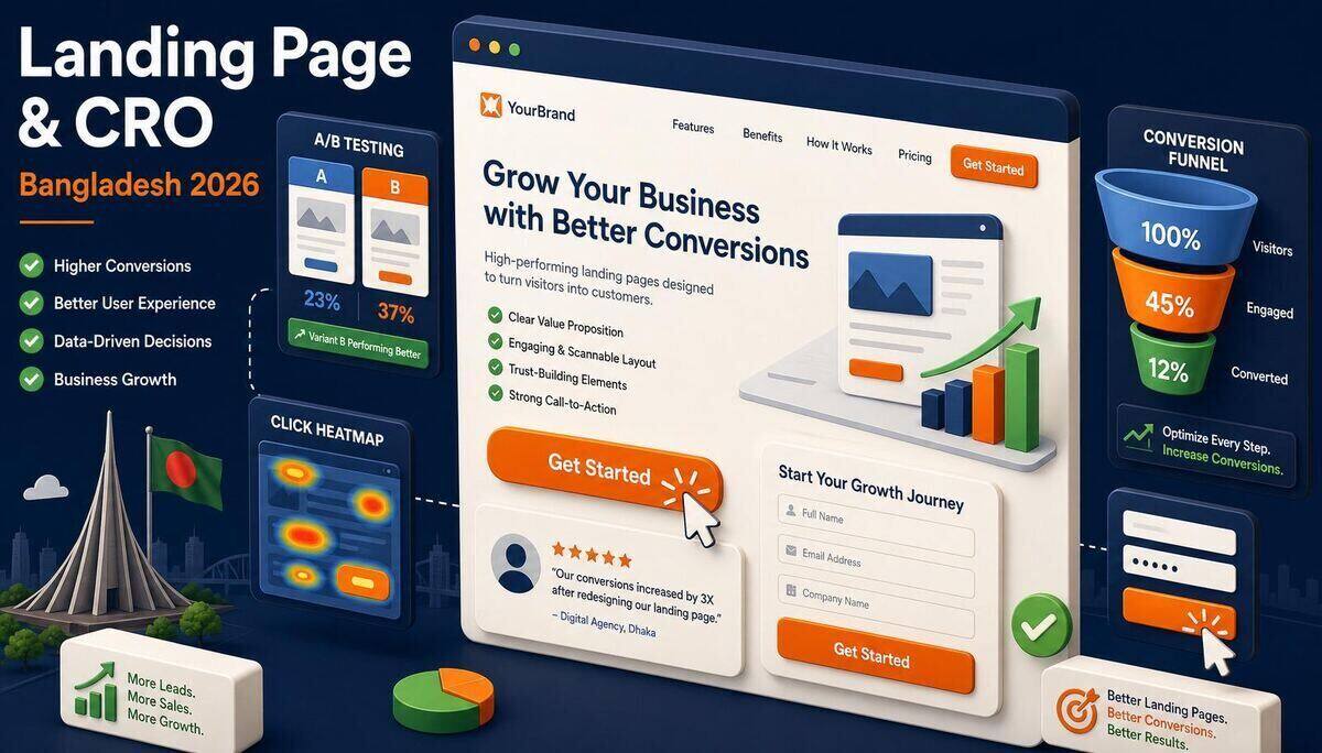 Isometric illustration of landing page design and conversion rate optimization (CRO) for Bangladesh businesses