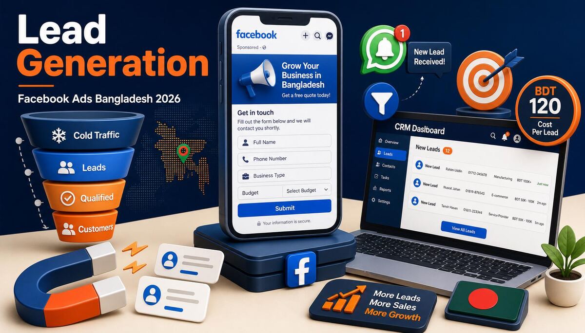 Isometric illustration of Facebook lead generation ads for Bangladesh businesses — Facebook lead form, lead funnel, CRM dashboard