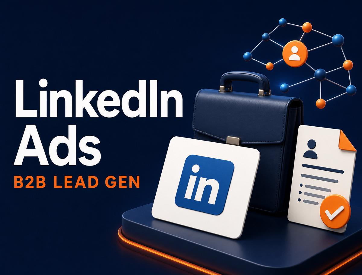 Dhaka B2B marketer LinkedIn Ads campaign, targeting এবং lead form dashboard optimize করছেন caricature