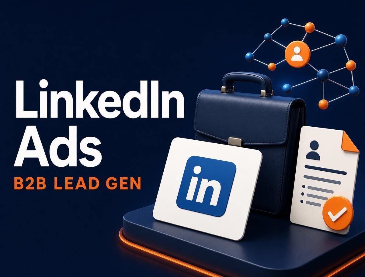 Dhaka B2B marketer LinkedIn Ads campaign, targeting এবং lead form dashboard optimize করছেন caricature