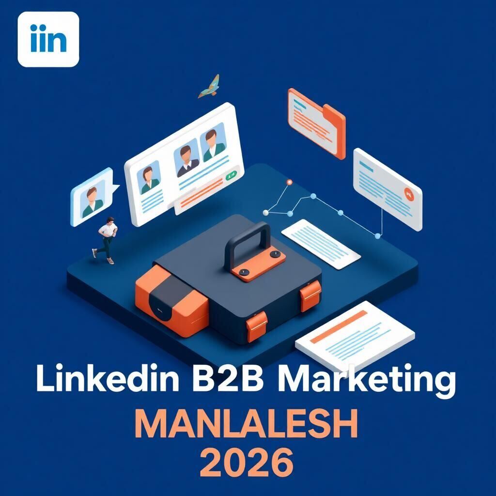 Isometric illustration of LinkedIn B2B marketing for Bangladesh professionals – profile card, network graph, briefcase, lead notification