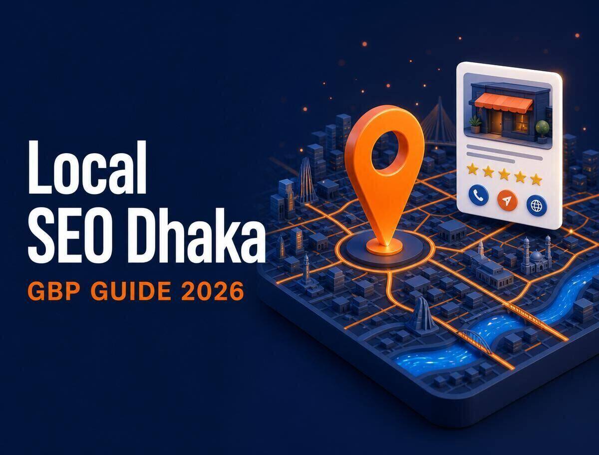 Caricature illustrating local SEO and Google Business Profile optimization for a Dhaka business