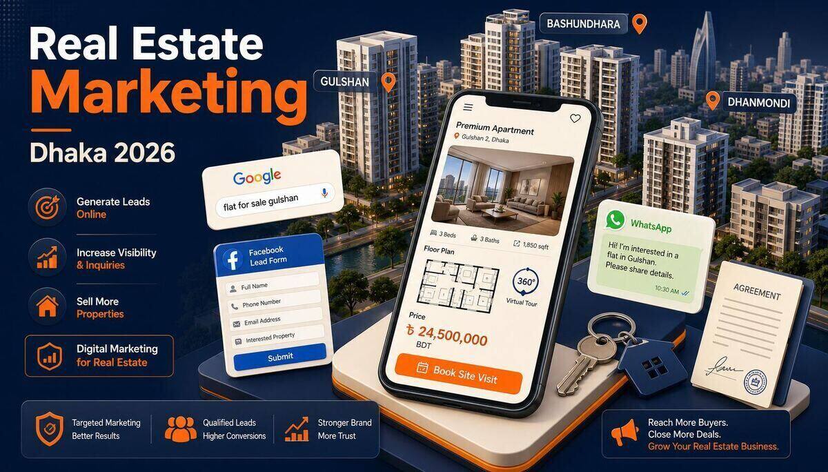 Isometric illustration of a Dhaka real estate digital marketing setup – Gulshan-Bashundhara skyline, phone with property listing, Facebook lead form, WhatsApp chat, agreement document