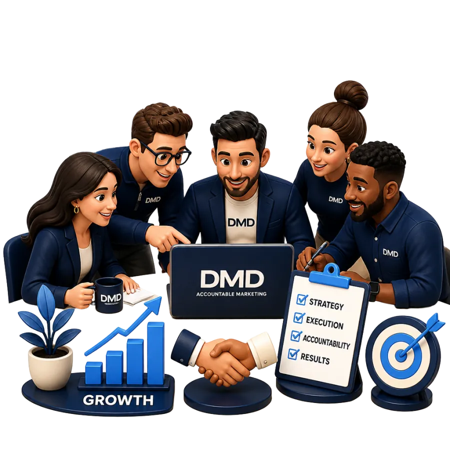 Accountable marketing team collaborating with growth chart, checklist and target