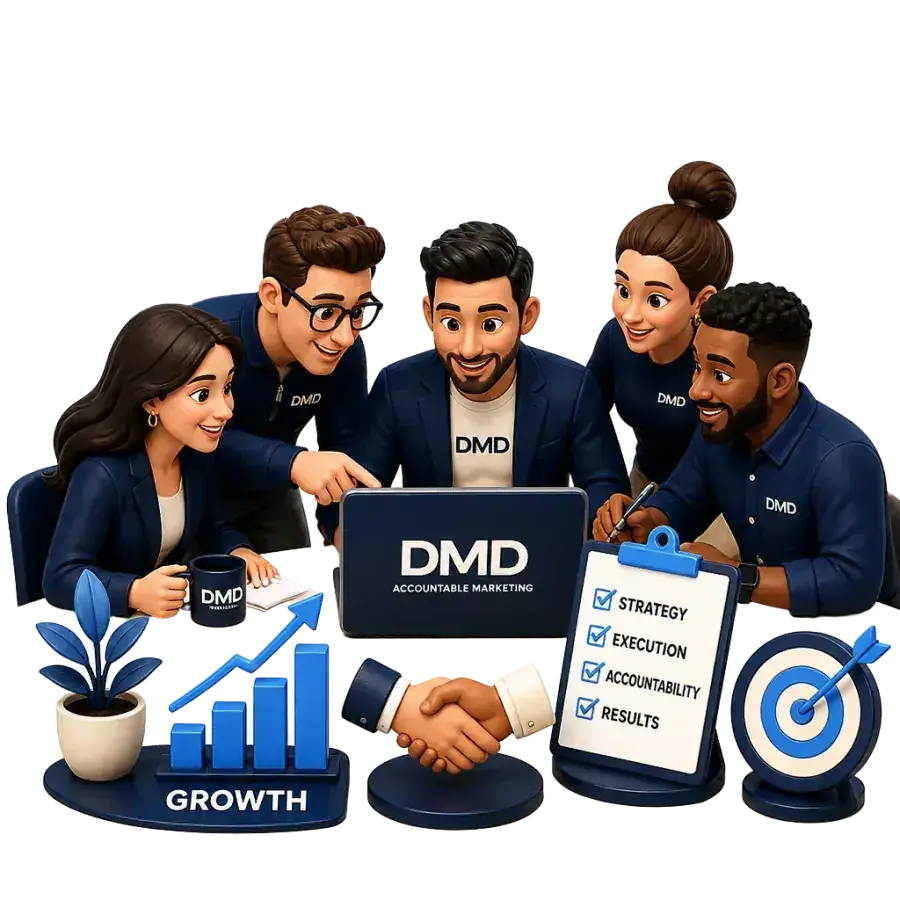 Accountable marketing team collaborating with growth chart, checklist and target