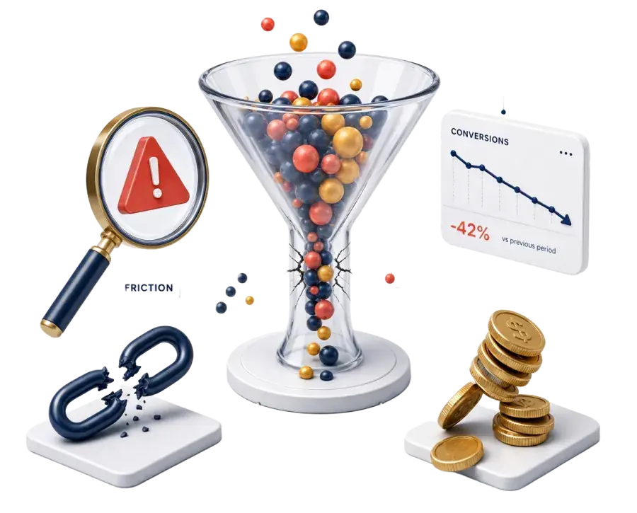 Diagnostic view of marketing bottlenecks – leaking funnel, warning sign, magnifying glass