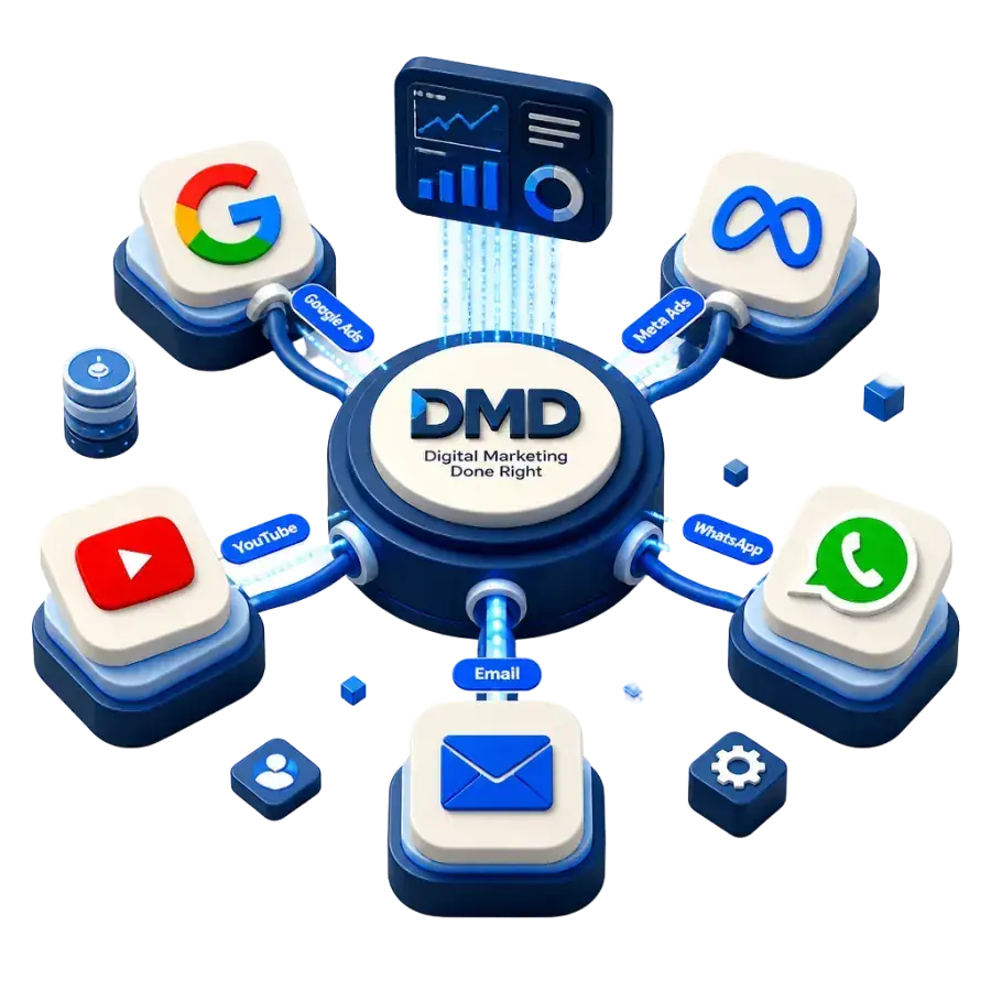 Connected marketing channels – Google, Meta, YouTube, email, WhatsApp – around a central dashboard