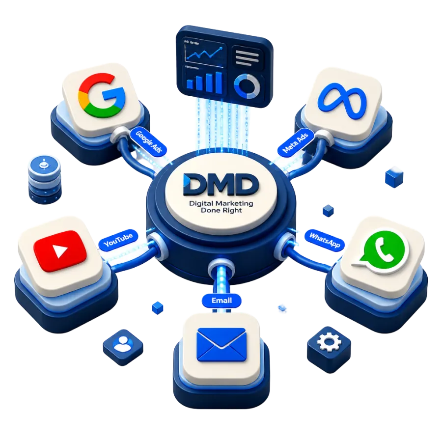 Connected marketing channels — Google, Meta, YouTube, email, WhatsApp — around a central dashboard
