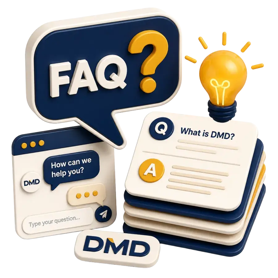 Lightbulb, question marks and speech bubbles representing FAQs