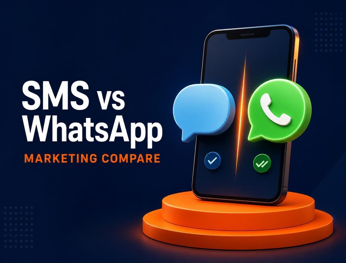 Bangladesh brand SMS এবং WhatsApp Business marketing channel compare করছেন caricature