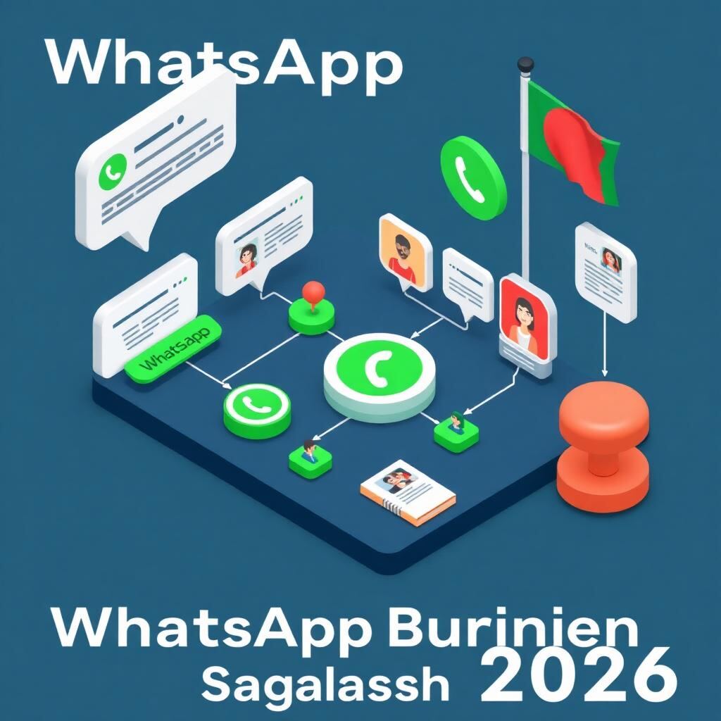 Isometric illustration of WhatsApp Business marketing automation for Bangladesh — chat bubbles, flow diagram, and customer conversations