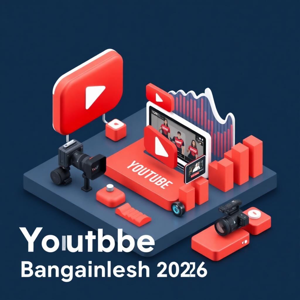 Isometric illustration of YouTube marketing for Bangladesh creators – play button, video thumbnails, analytics dashboard, camera